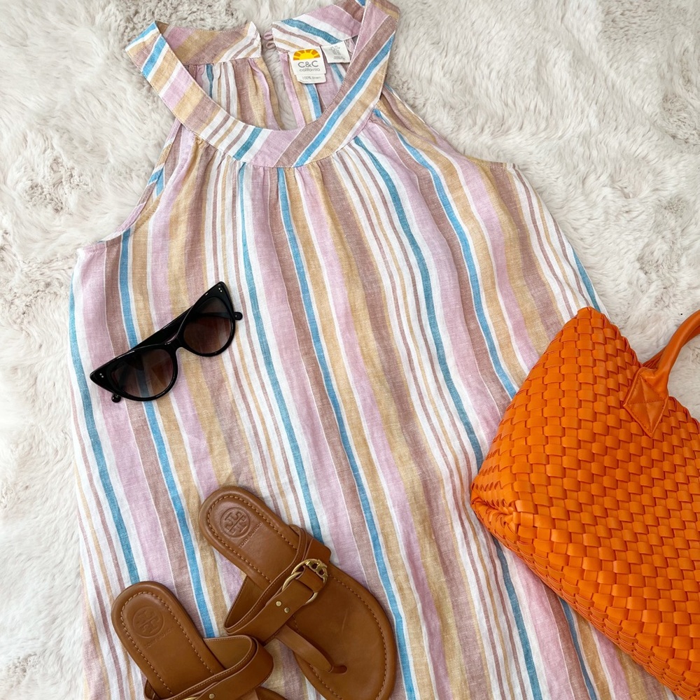 C&C California | Striped Linen Halter Swing Dress |  XS